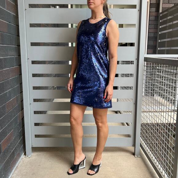 Guess Navy Blue Sequin Front Mini Shift Dress Size S - Picture 2 of 10